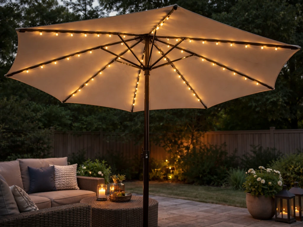 Evening patio umbrella with softly glowing solar string lights mounted along the ribs.