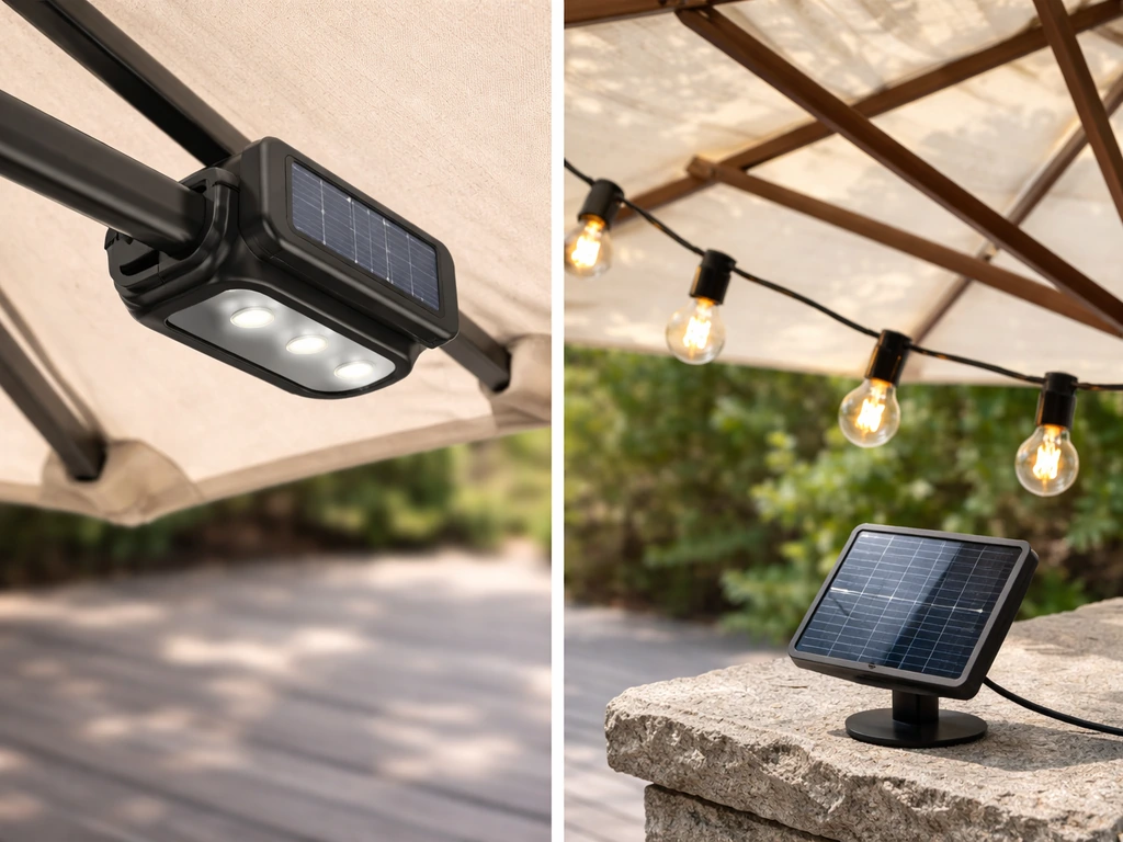 Closeups of two solar umbrella lights: rib-mount clip light and string lights with separate solar panel