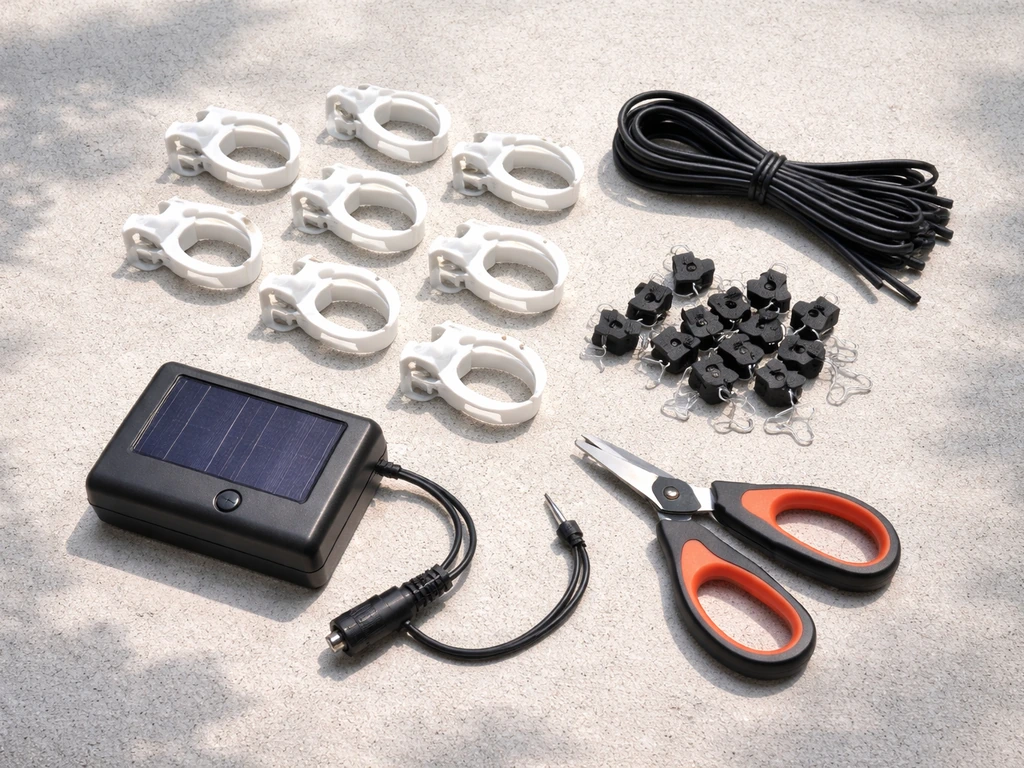 Flat-lay of solar umbrella light installation essentials: clips, UV-resistant zip ties, and small outdoor tools.