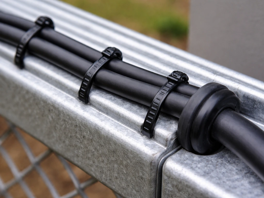 UV-resistant zip ties neatly securing an outdoor cable along a ribbed surface with weather-sealed exit point.