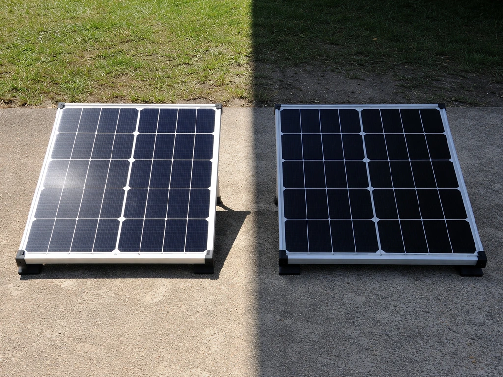 Two small solar panels outdoors, one in direct sun and one shaded by a nearby structure.