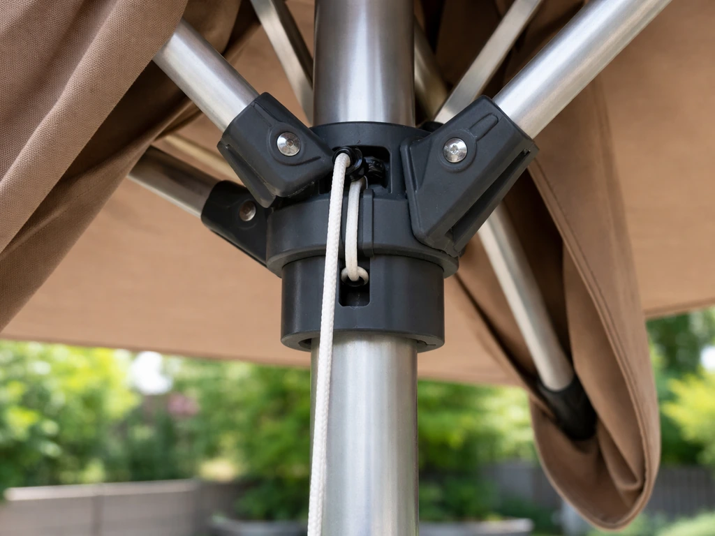 Close-up of a patio umbrella’s runner, ribs, and cord/pulley area showing pinch hazards.