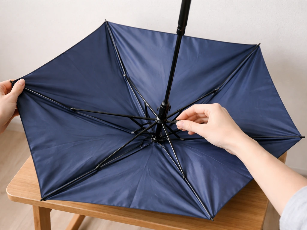 Close-up of hands inspecting an opened umbrella’s ribs and cord linkage on a table.