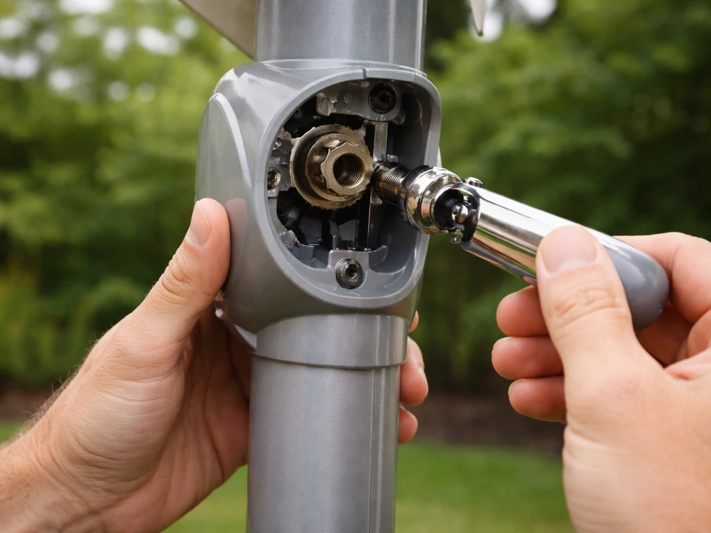 Close-up of a canopy crank housing and handle near the internal winding engagement point, hands troubleshooting.
