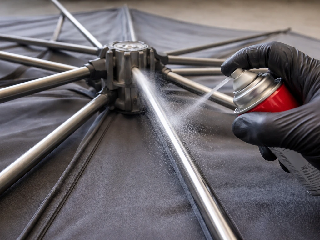 Gloved hand sprays silicone into an umbrella pole channel where a sliding runner hub is stuck.