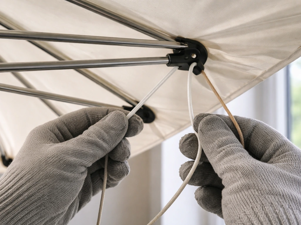 Open umbrella with detached cord and pulley exposed while old cord is being replaced safely