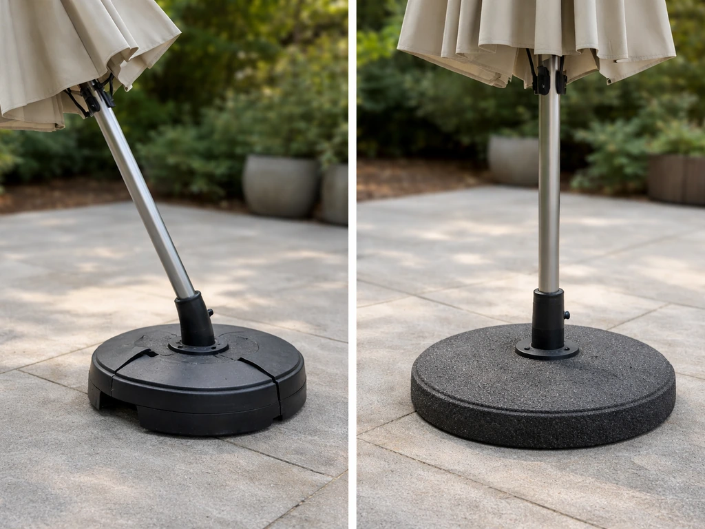 Side-by-side close-up of a tilting patio umbrella next to a straight upright one, showing the lean location.