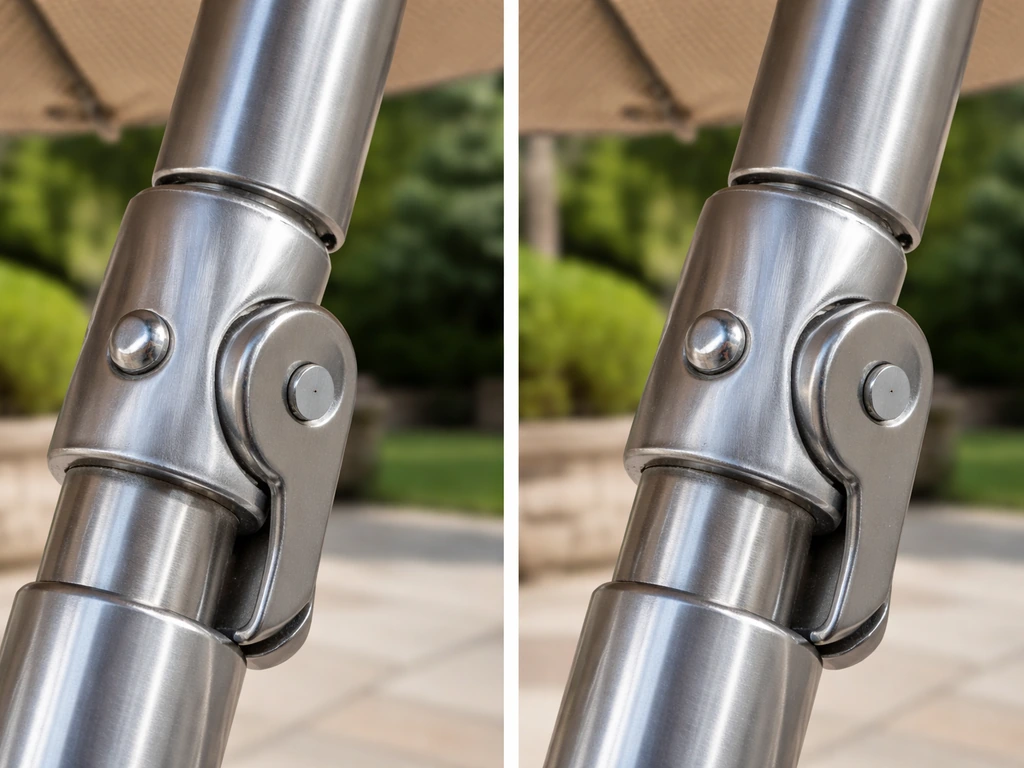 Close-up of an umbrella tilt button and upper pole joint showing proper alignment and a slightly loose fit.