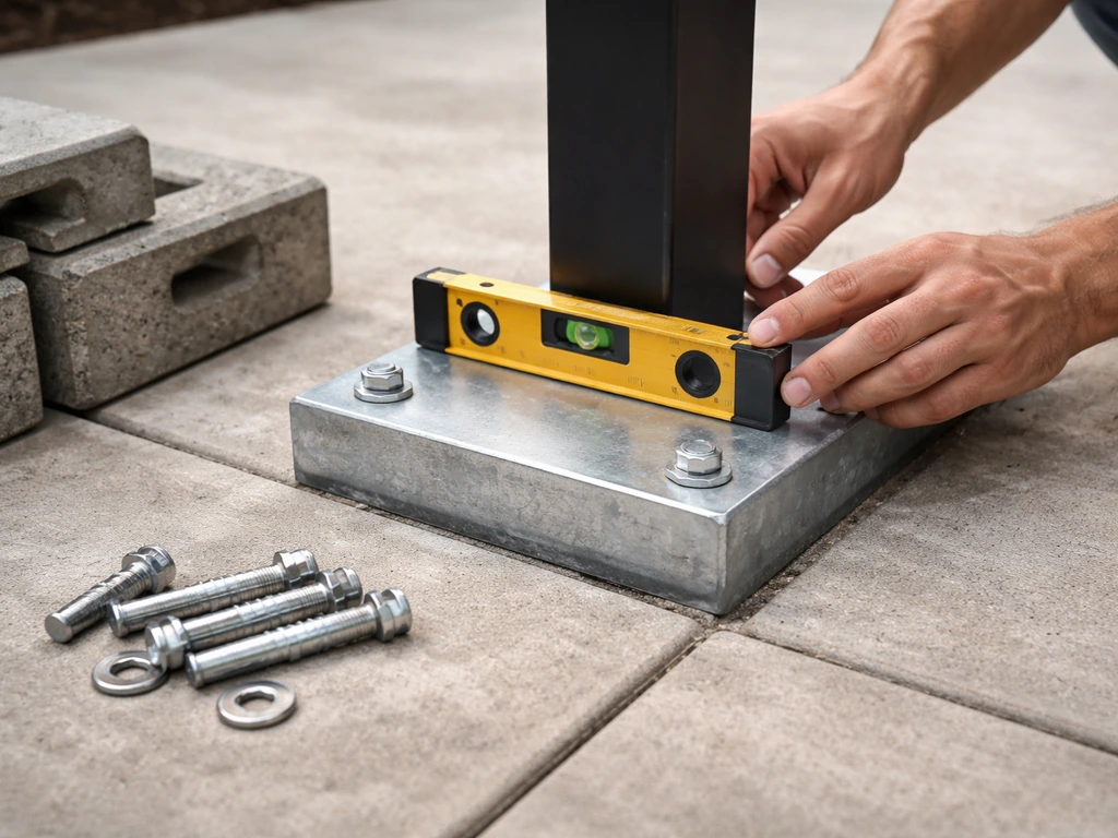 Close-up of a base being leveled on concrete with a small level tool and anchoring weights nearby.