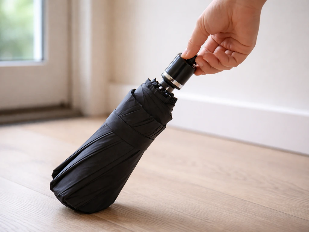 Hand gently tests a closed umbrella’s tilt control on a floor, showing a loose/dropping feel.