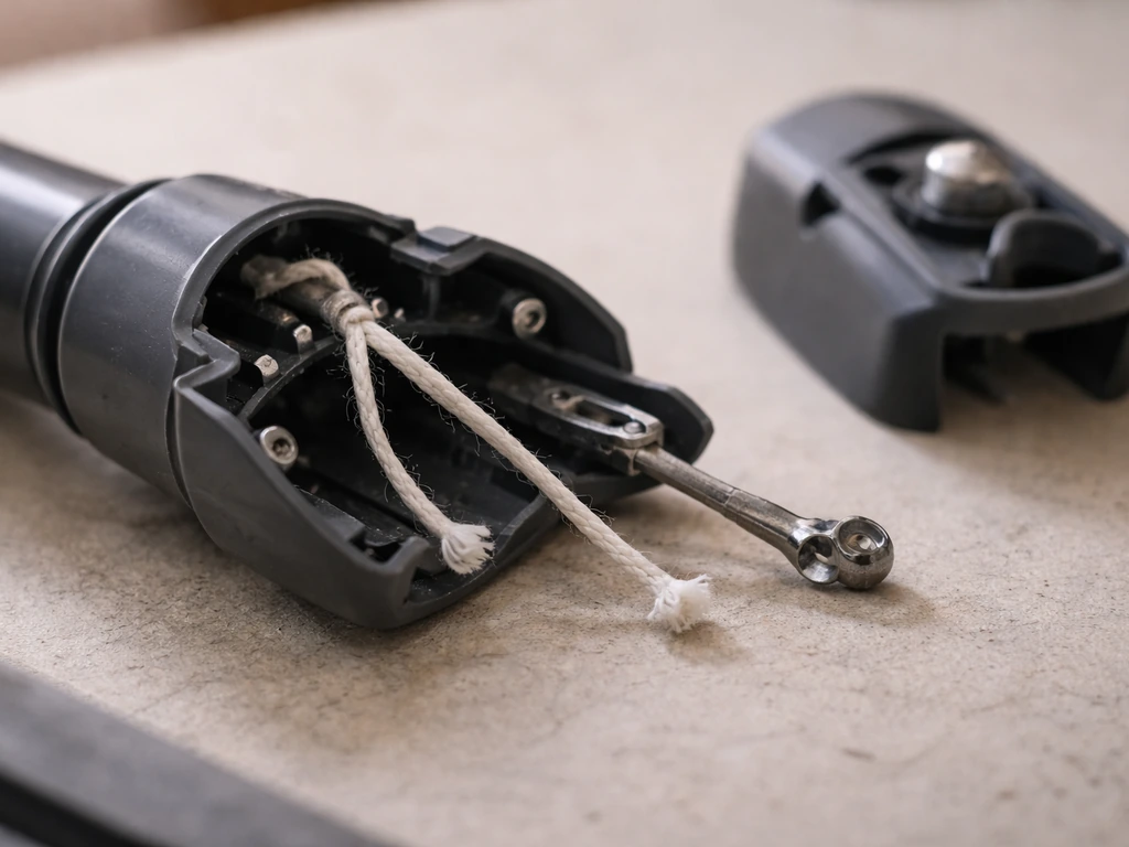 Close-up of an opened umbrella tilt mechanism with a snapped internal cord and aligned linkage for reattachment.