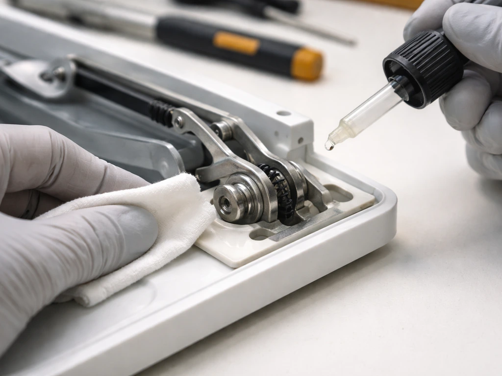 Open tilt mechanism with pivot area being wiped clean and PTFE lubricant applied