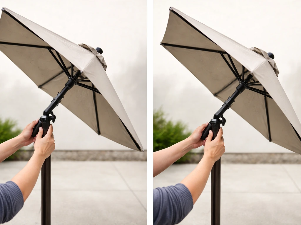 Close-up of a manually operated patio umbrella tilted smoothly through full range in both directions