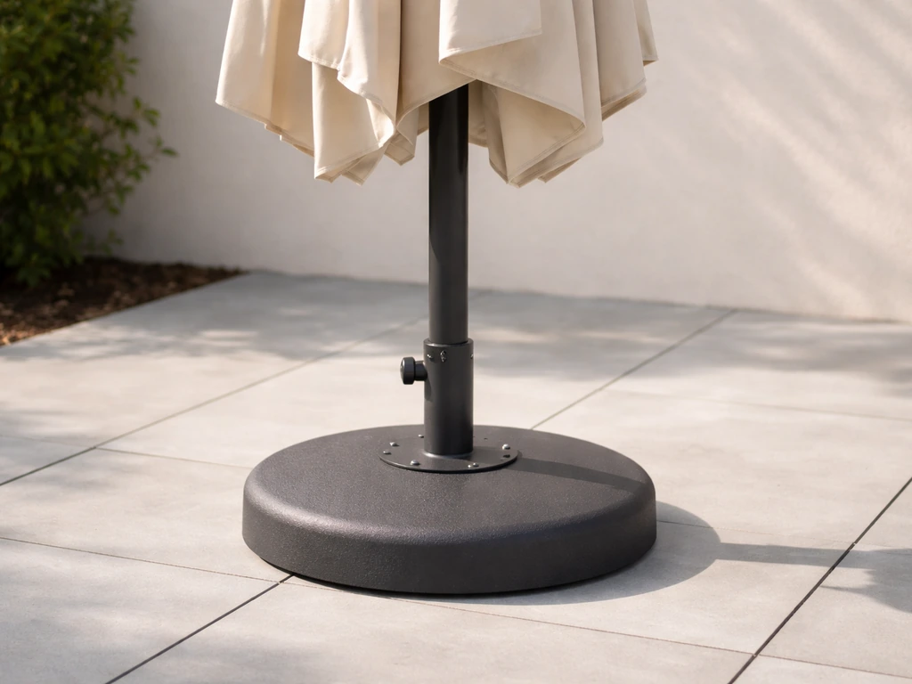Close-up of a patio umbrella firmly seated in its heavy base, with canopy slack and no tension.