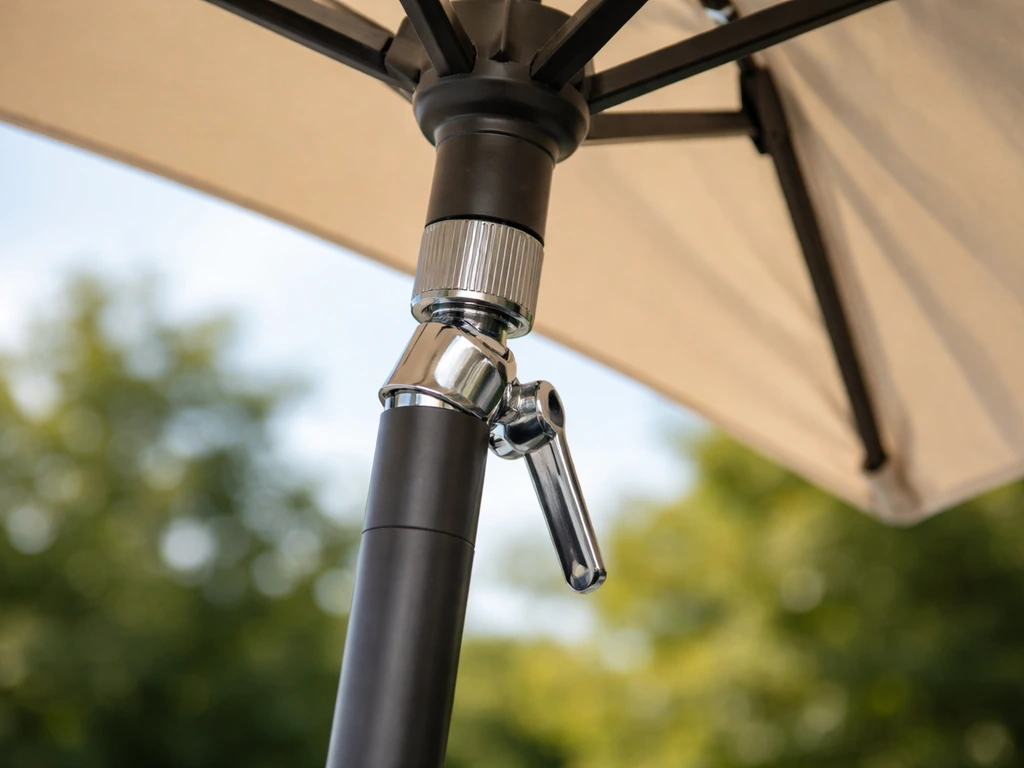 Patio umbrella partially open showing tilt/hinge collar near the top pole and canopy angled toward sunlight