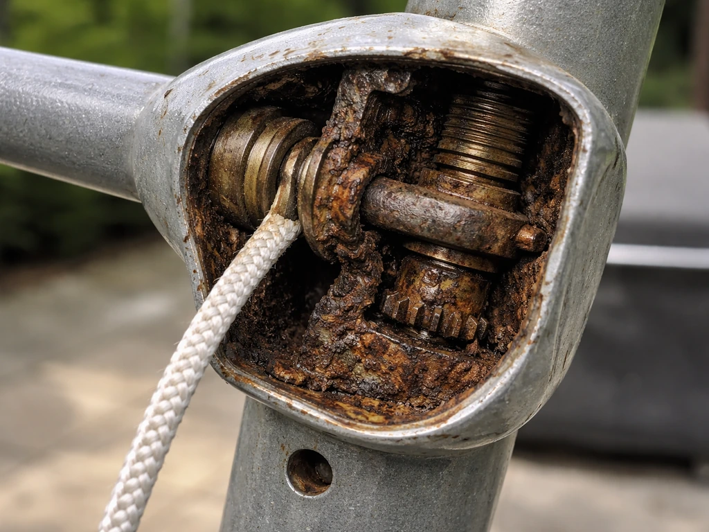 Close-up of a rusted, jammed umbrella crank mechanism with corroded moving parts visible.