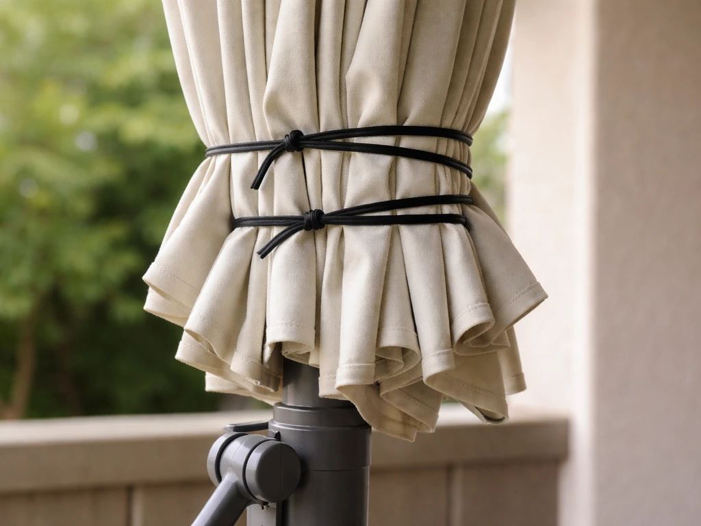 Close-up of a folded umbrella canopy secured with zip ties to prevent it dropping during repair