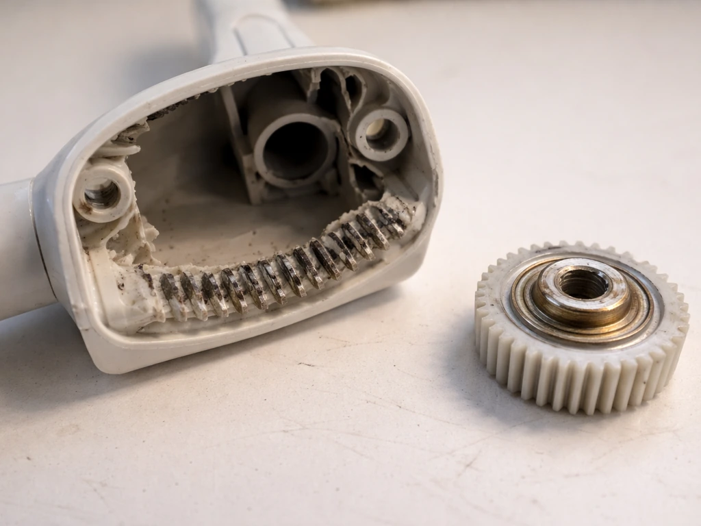 Close-up of a removed umbrella crank housing showing stripped plastic gear teeth