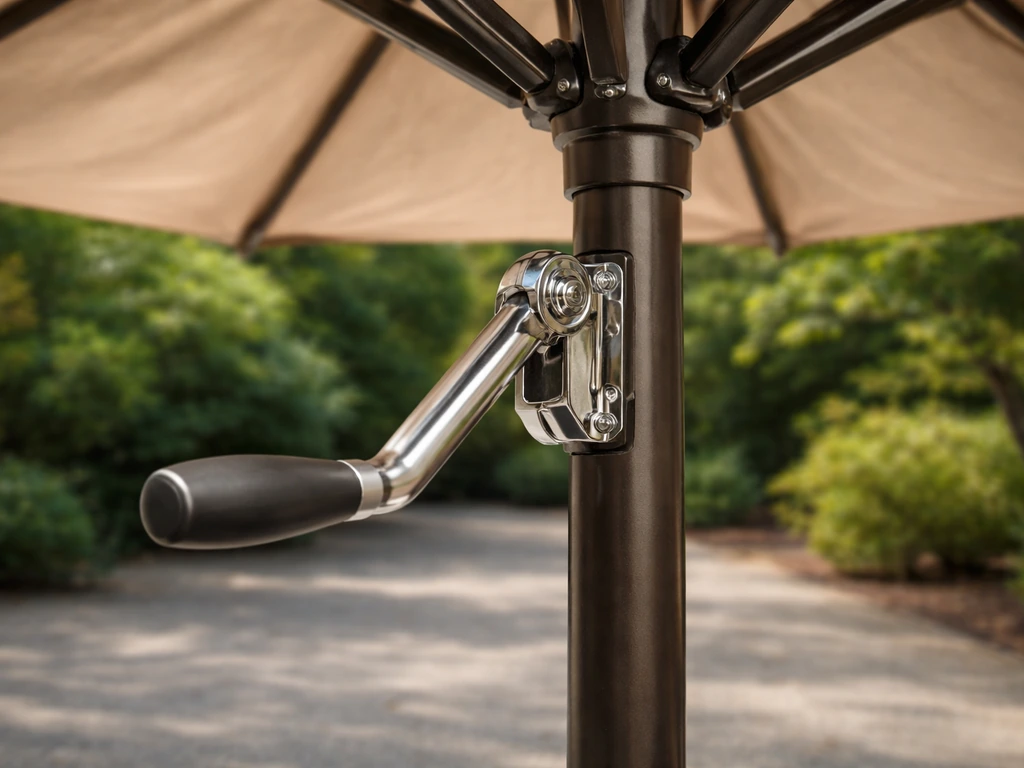 Close-up of a repaired umbrella crank mechanism being tested through open-and-close cycles outdoors