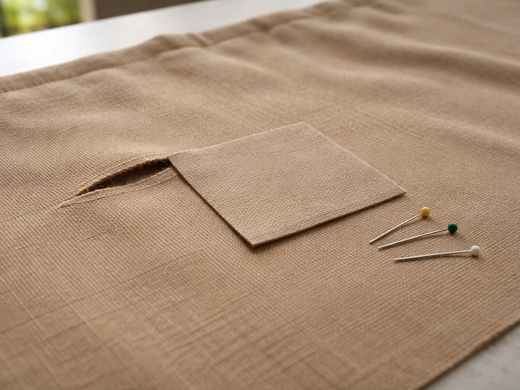 Patio umbrella canopy tear with a fabric patch positioned over the cleaned rip area for stitching.