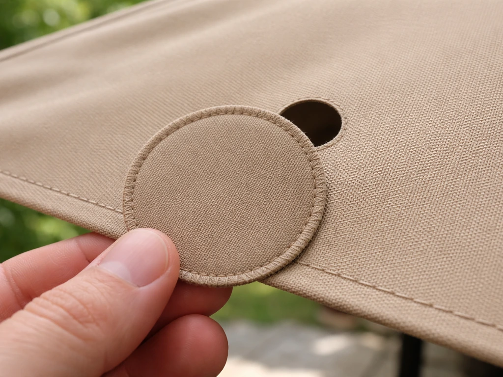 Close-up of a patio umbrella fabric hole with a rounded patch being placed over it.