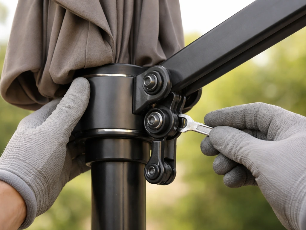 Close-up of a cantilever umbrella tilt joint/collar area being inspected with the canopy closed