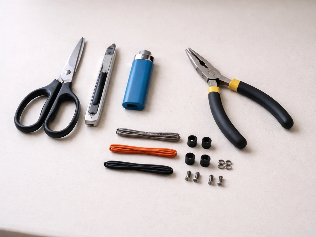 Tools and replacement cord parts laid out neatly for a simple cable repair