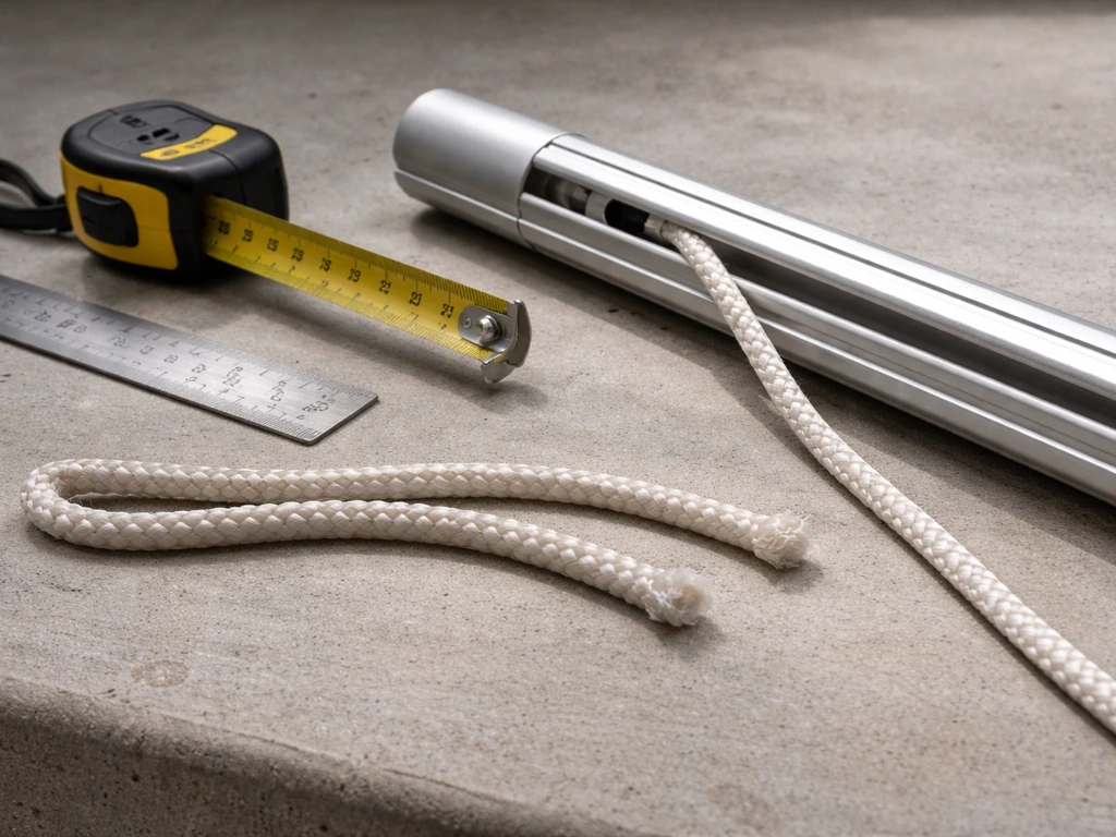 Close-up of a braided polyester cord cut length and measuring tape beside an umbrella pole channel.