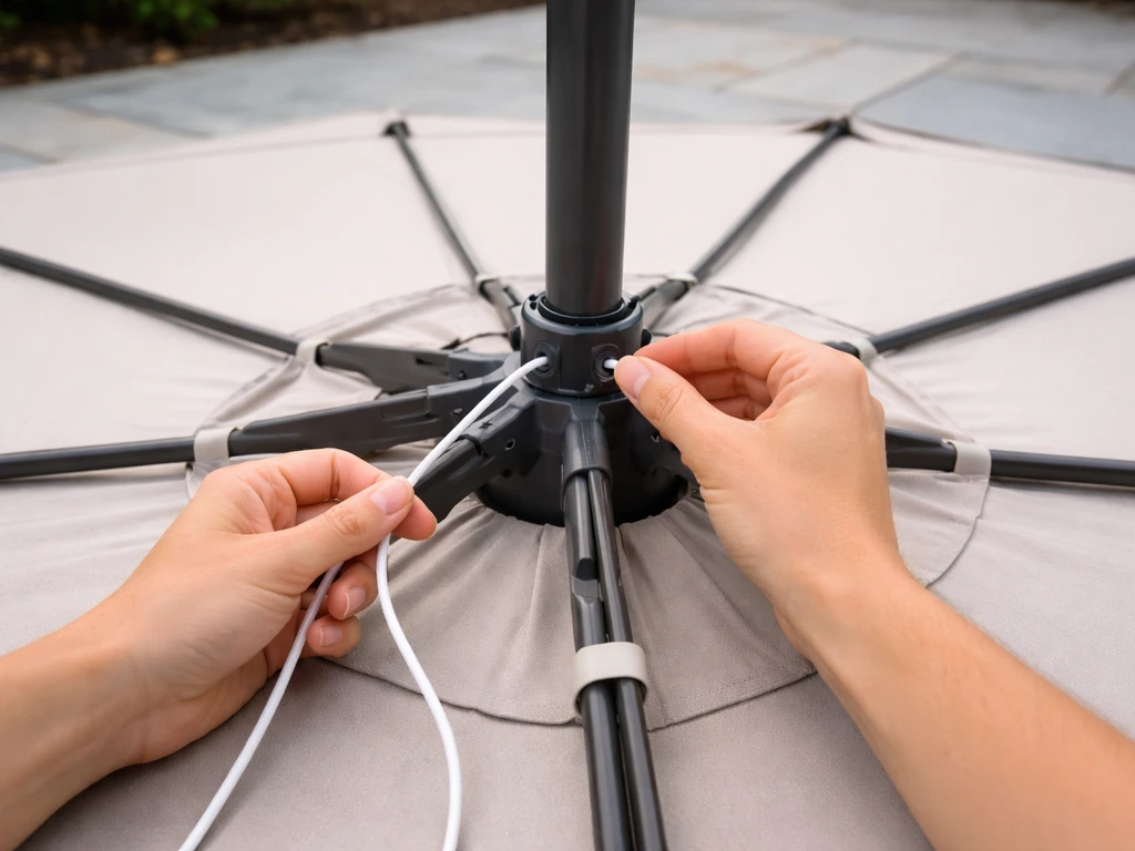 Patio umbrella laid open with cord being guided through the pole opening for full rethreading