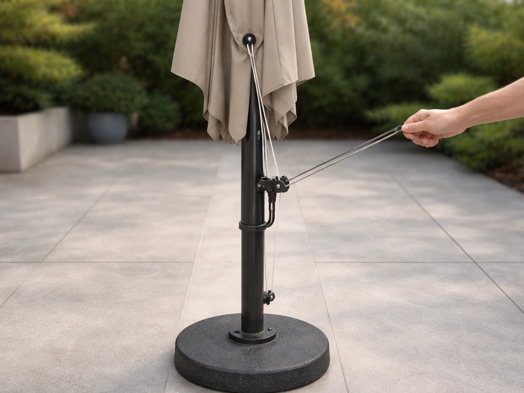 Umbrella upright with nylon cord tensioned and routed through pulleys while the crank is operated