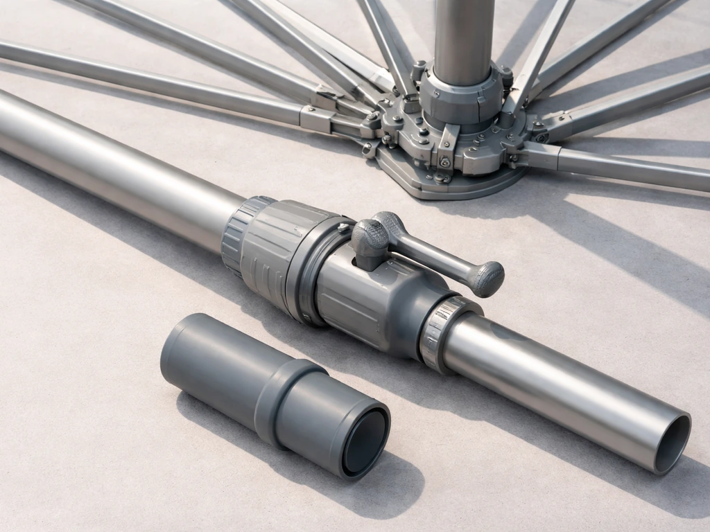 Close-up of a patio umbrella’s core parts: pole, ribs, crank housing, tilt collar, and base sleeve.