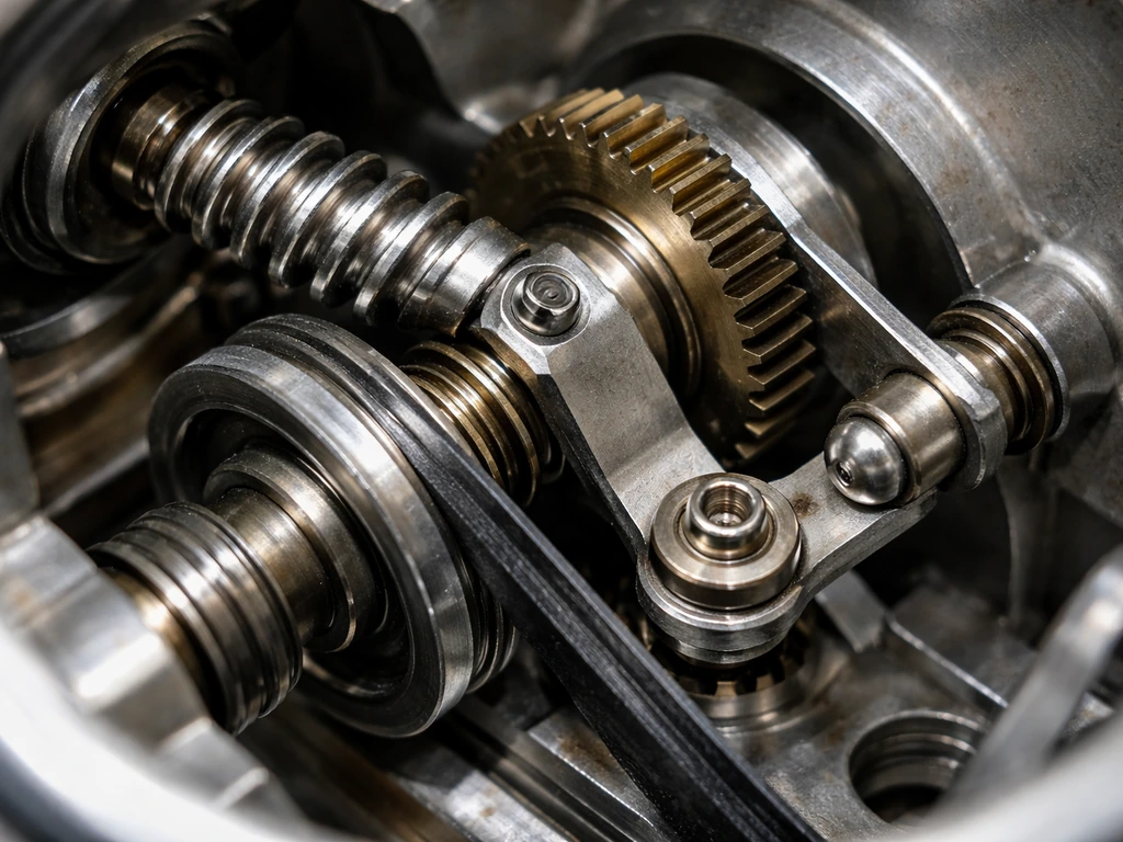 Macro photo of a crank worm gear driving a pulley and tilt linkage inside a mechanical hub