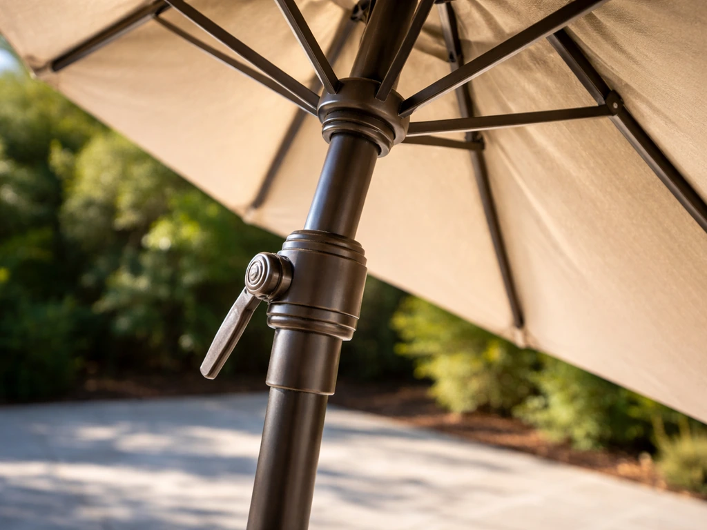 Patio umbrella tilt collar and crank mechanism showing the canopy angled while ribs remain supported.