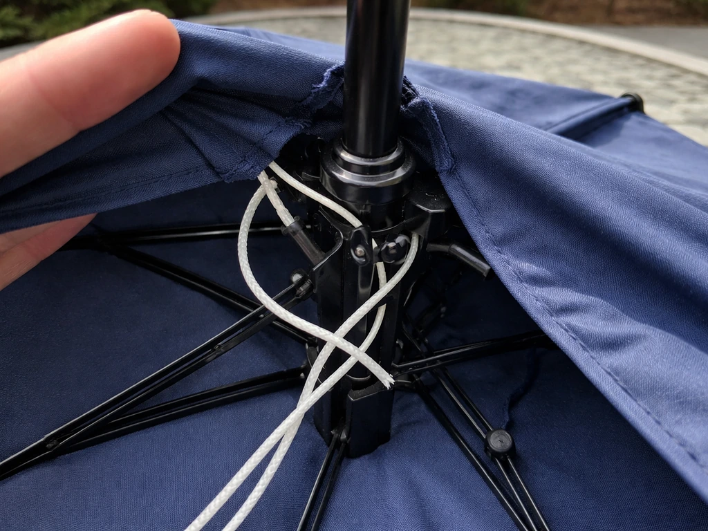 Close-up of an open umbrella’s internal lift cord and pulley area near the crank mechanism.