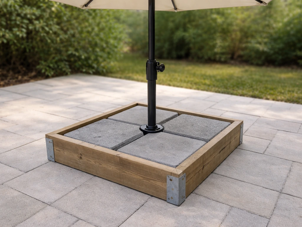 Sturdy DIY weighted patio umbrella stand holding an upright umbrella on a quiet outdoor patio.
