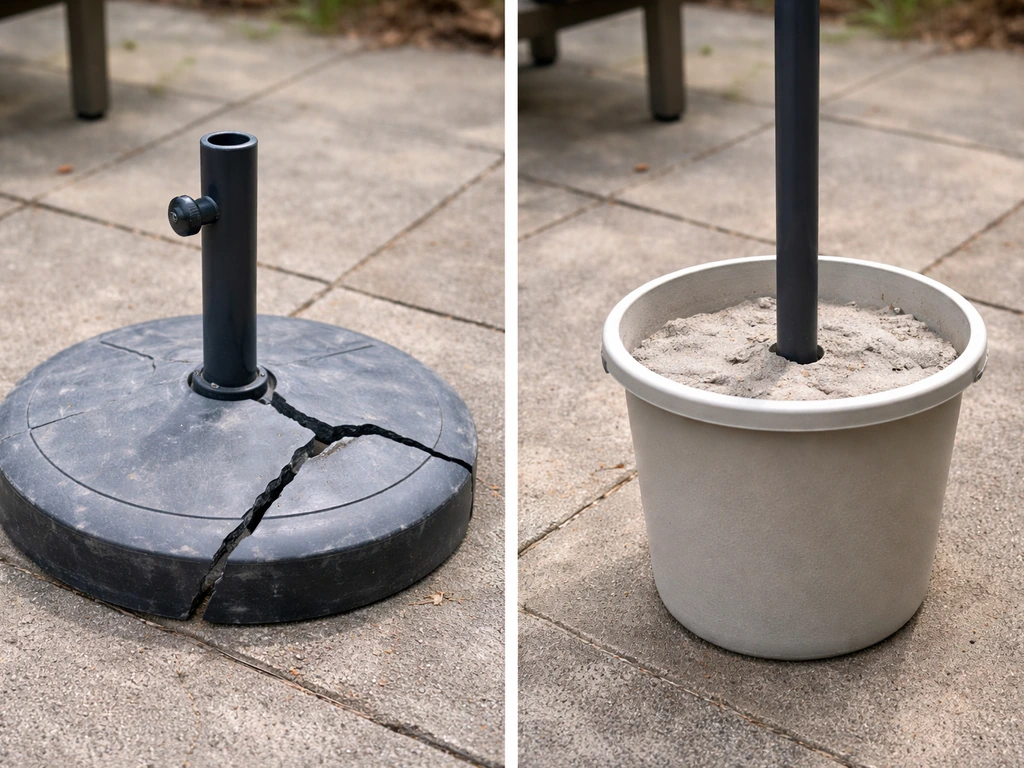 Close-up of a cracked umbrella base on pavement next to a simple DIY stand setup