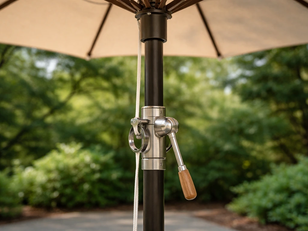 Close-up of a center-pole umbrella showing the central pole passing through the sleeve and crank mechanism.