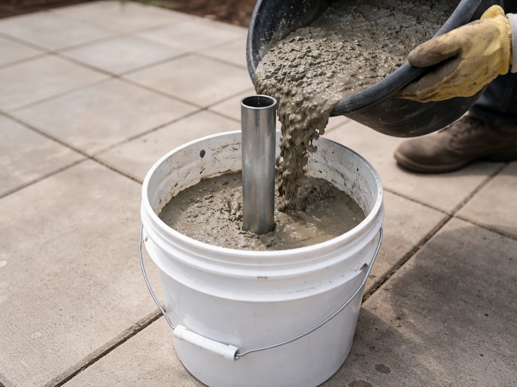 Concrete being poured into a 5-gallon bucket around a pole sleeve for an umbrella weight base.