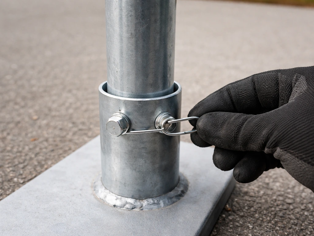 Close-up of a sign stand pole secured to its sleeve with a through-bolt and locking pin to prevent rotation.