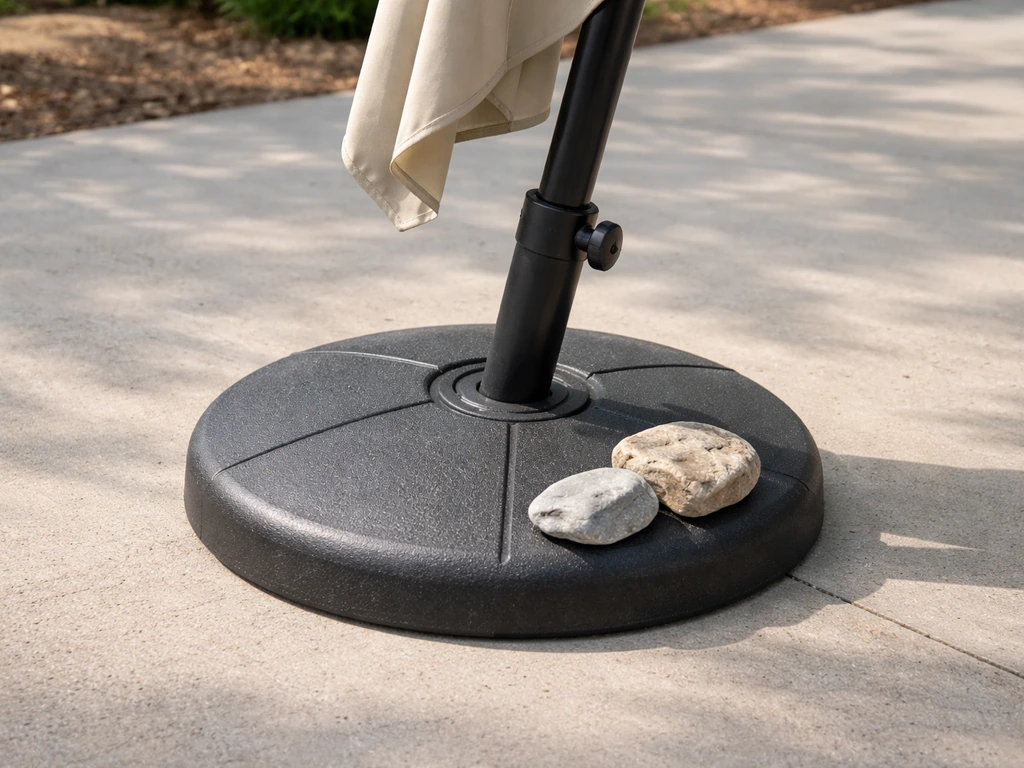 Close-up of a patio umbrella base and pole tilted from inadequate weight in the ground.