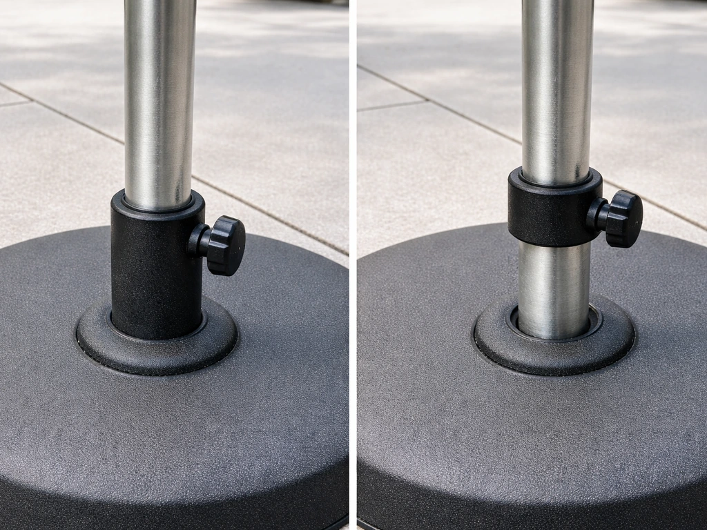 Split view of an umbrella pole properly seated low and clamped versus incorrectly raised and loose.