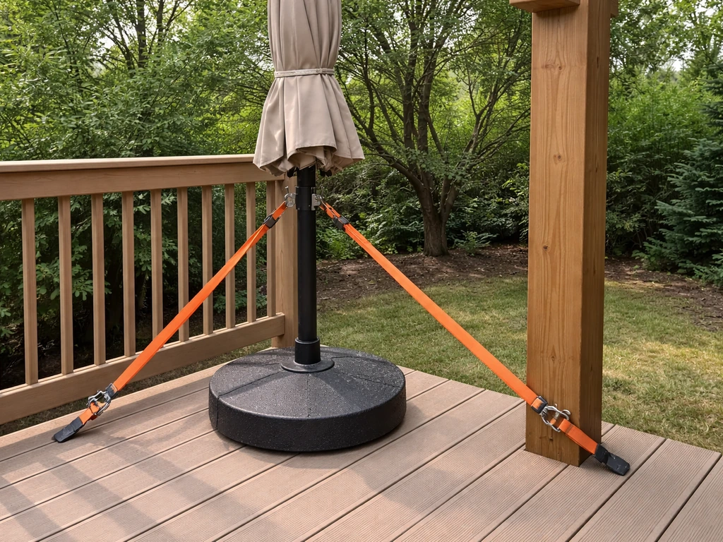 Patio umbrella pole secured with visible ratchet straps to a fixed pergola post on a deck.