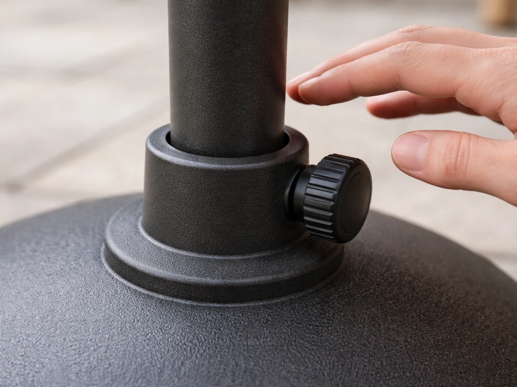 Close-up of a patio umbrella pole and base collar with a hand hovering nearby, signaling gentle inspection not force.