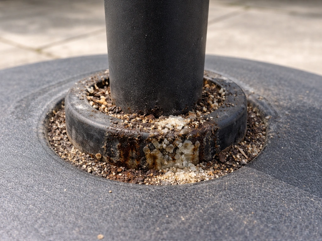 Close-up of corrosion and mineral buildup with debris around the umbrella pole collar at its base interface.