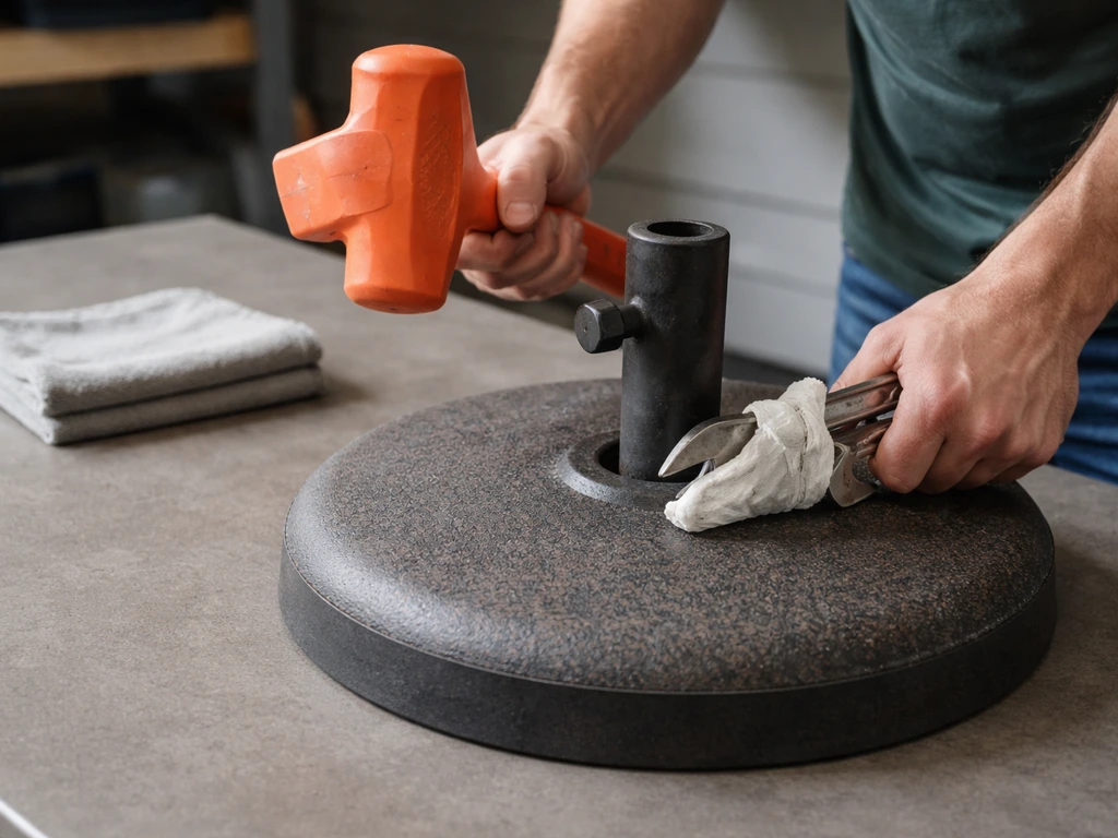 Hands use a rubber mallet and rag-wrapped adjustable wrench on a jammed umbrella base on a workbench.