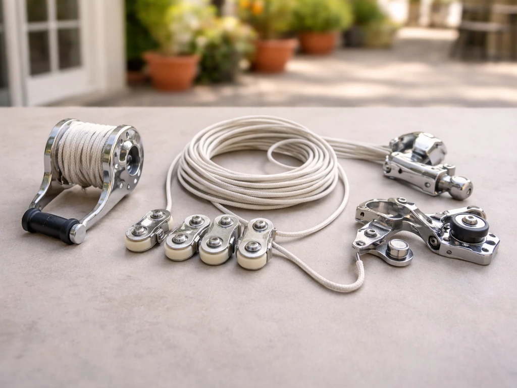 Close-up of patio umbrella lift/tilt hardware parts: crank housing, spool drum, pulleys, and cord path on a tabletop.