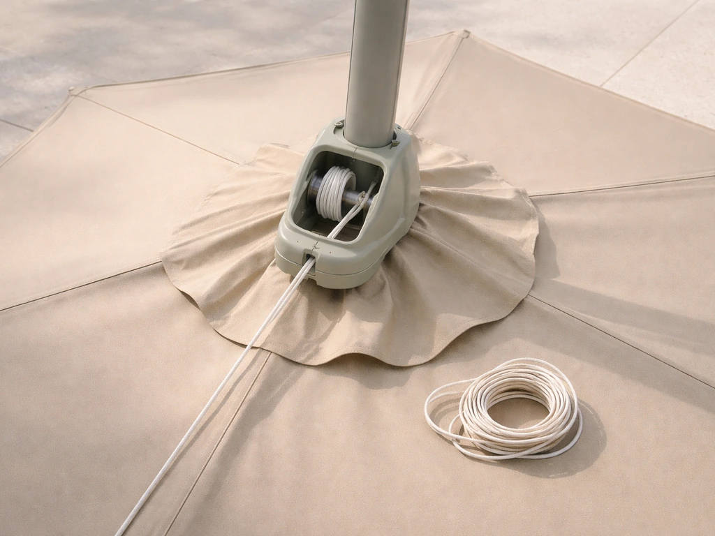 Patio umbrella laid flat with the crank housing open, showing the spool and cord routing before restringing.