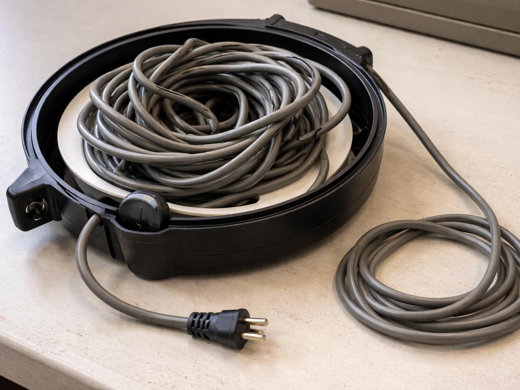 Close-up of a cord spool on a workbench with the cord bunched up and tangled instead of winding neatly.