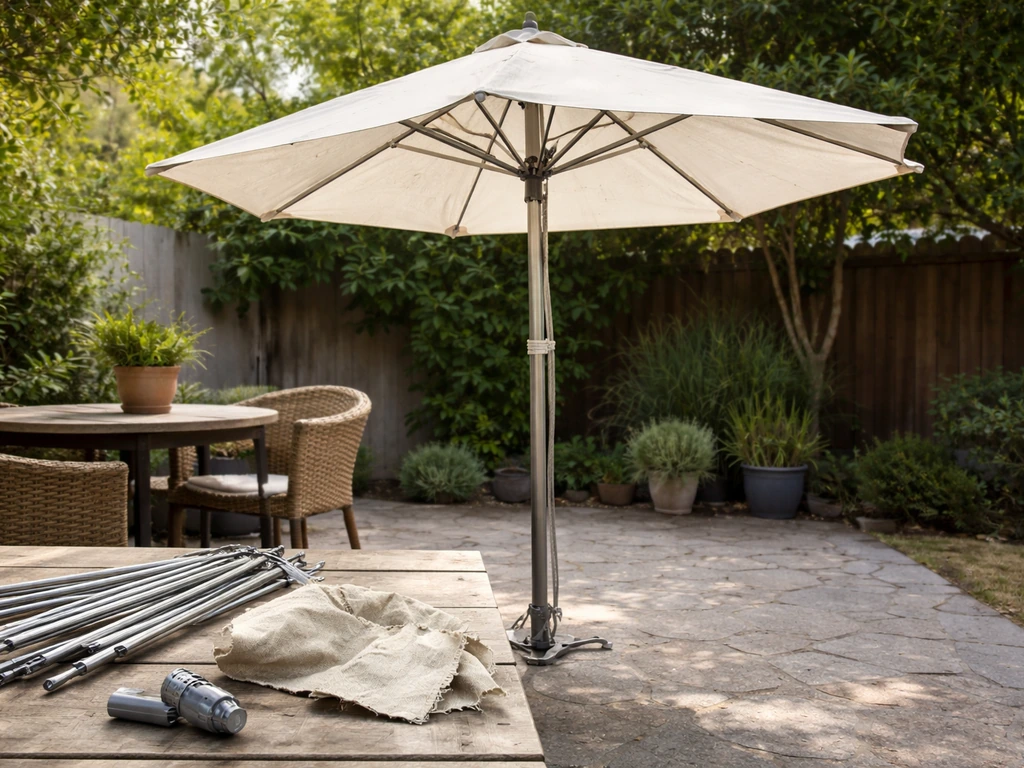 Broken patio umbrella frame repurposed into a functional shade with staged damaged parts nearby