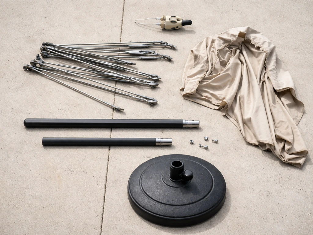 Top-down view of broken patio umbrella components laid out on a concrete patio, showing damaged and usable parts.